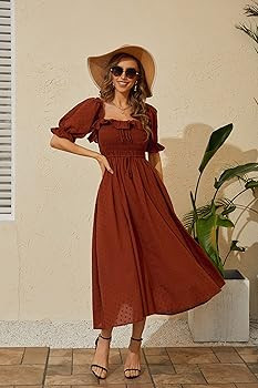 R.YIposha Women Vintage Elastic Square Neck Ruffled Half Sleeve Summer Backless Beach Flowy Maxi ... | Amazon (US)