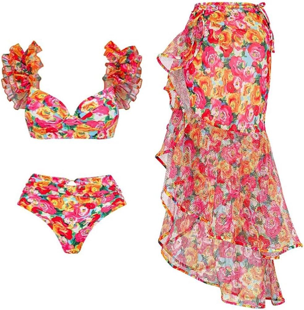 Women 3 Piece Swimsuit Ruffle Floral Print Vintage Bikini Swimwear with Cover up Wrap Summer Holi... | Amazon (US)