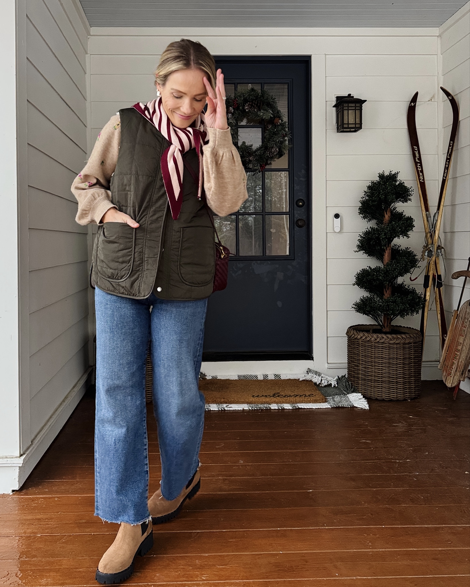 I'm between sized in Varley and went with the one below for this reversible vest (wearing an xs) code APLINEWINTER25, code YOUROCK at Tuckernuck sweater also linked a similar puffer vest & fully stocked navy, Clare V Marisol crossbody, grab the shortie strap to make into an easy evening bag, Freda Salvador rain resistant boots are very worth it and true to size, crop length in Agolde Harper jeans (5'3'),  Heaven Mayhem earrings smimilar, Merit flush balm in LeBonBon also on lips ~ xo, Claire

#LTKPetite #LTKSaleAlert #LTKootd