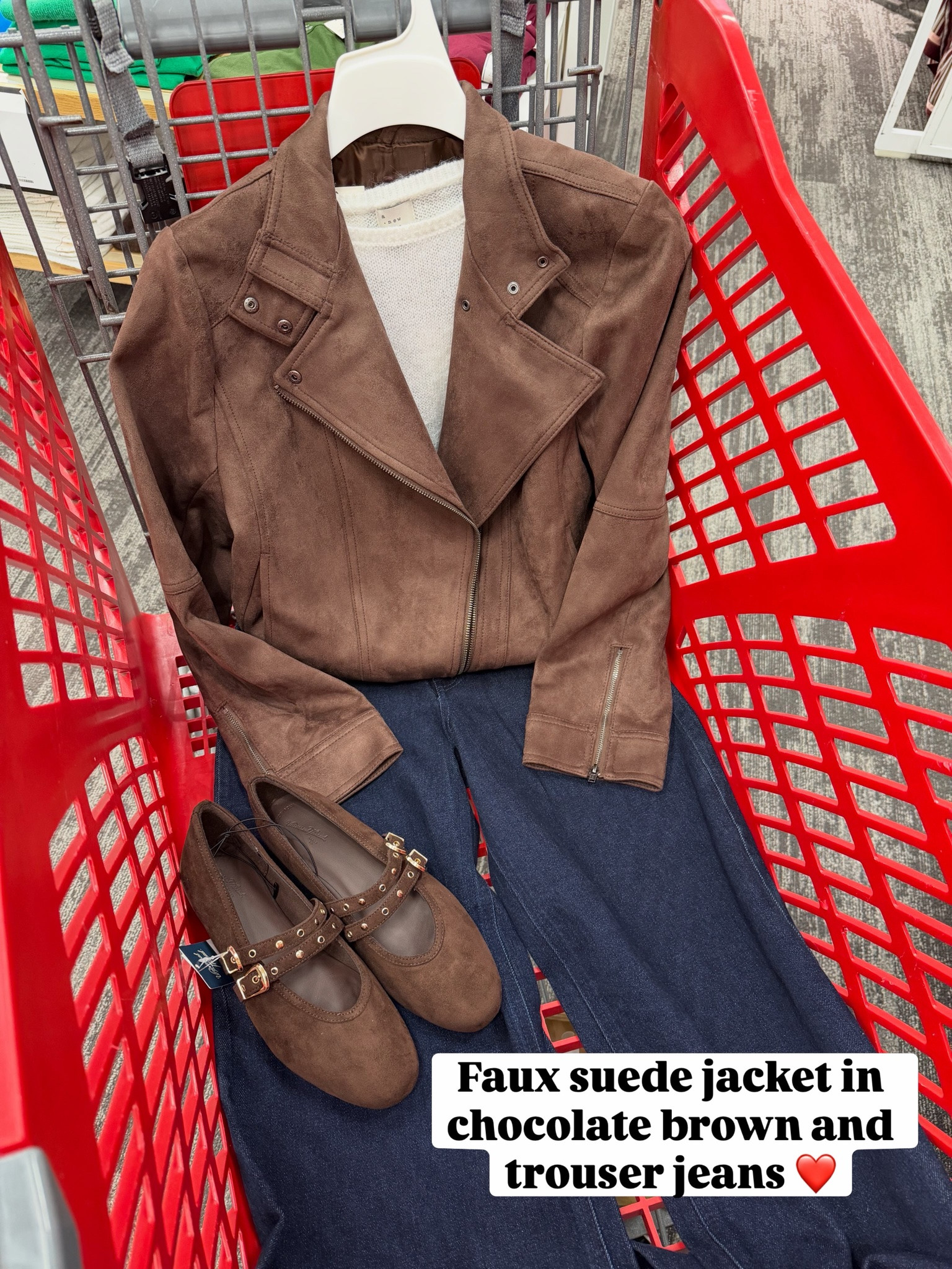 Target chocolate brown faux suede jacket and trouser jeans fall outfit idea #targetstyle