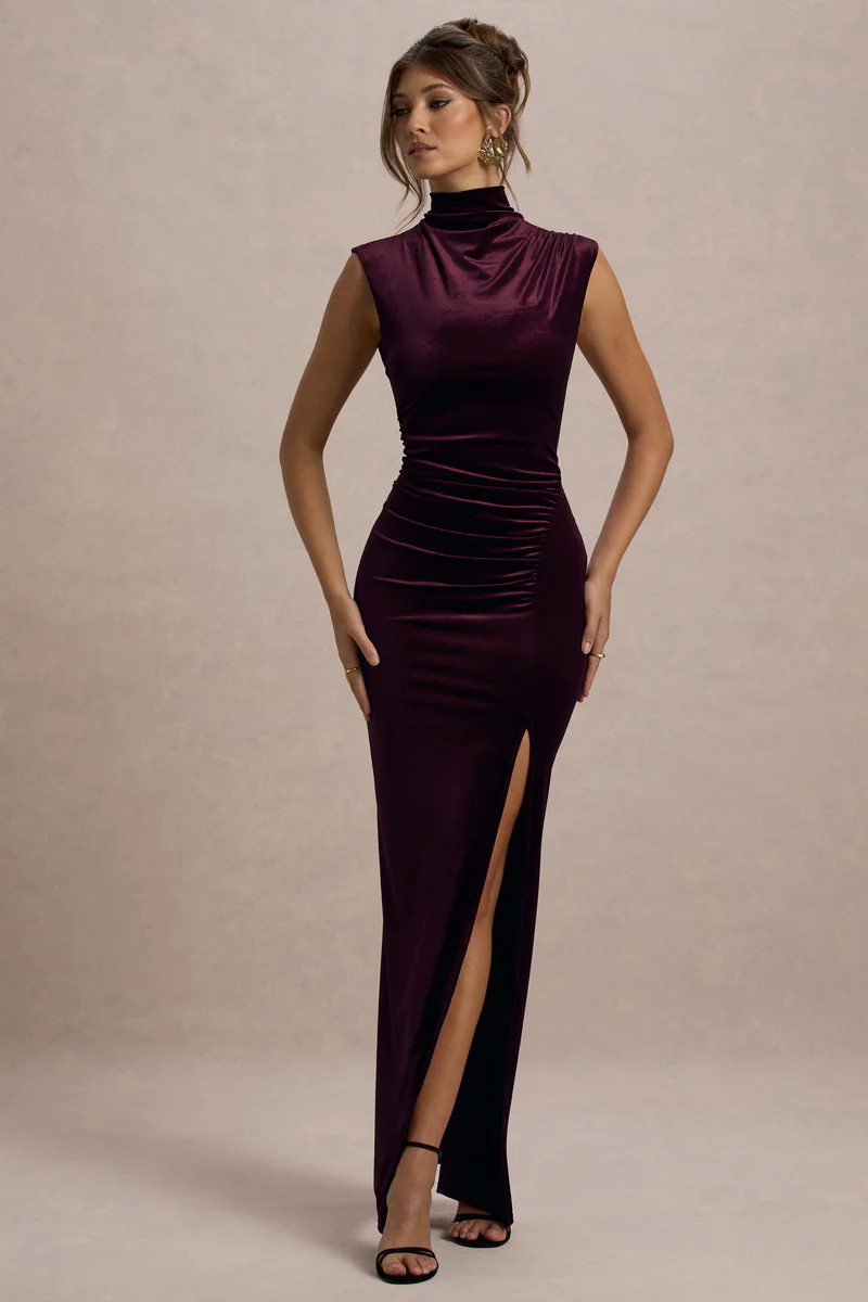Abilene | Port Velvet High-Neck Split Maxi Dress | Club L London