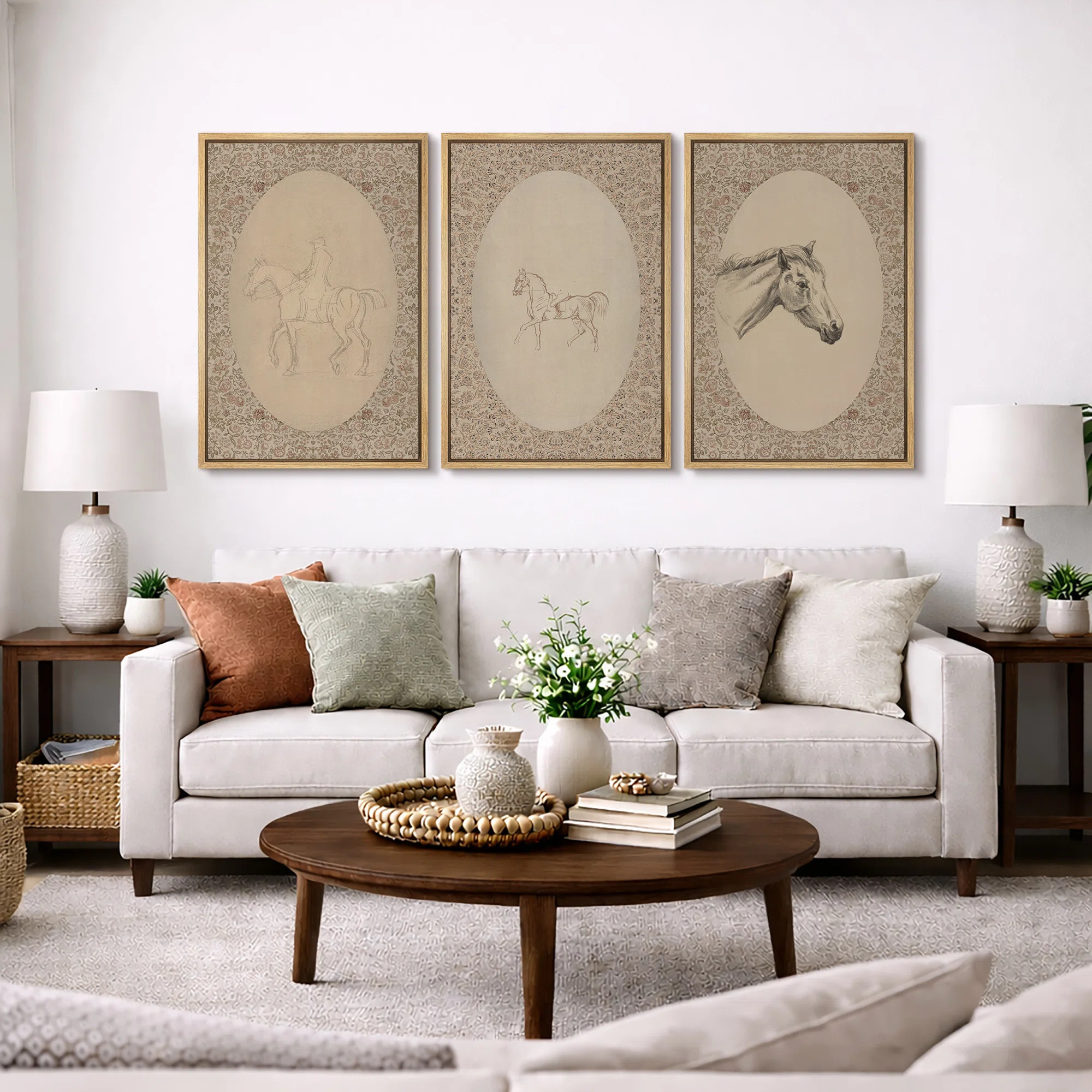 Classical " Vintage Equestrian Horse and Rider Sketch Artwork, Rustic Country Floral Wall Picture... | Wayfair North America