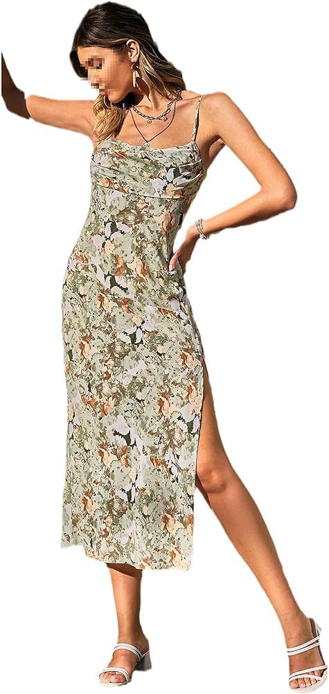 Sexy Spaghetti Strap Women Print Dress Square Collar Split Sundress Frills Long Vestidos | Amazon (US)