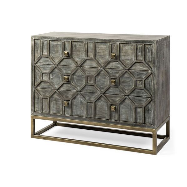 Genevieve I Gray Fir Veneer And Metal Base 3 Drawer Accent Cabinet | Bellacor