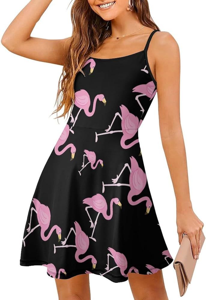 Tropical Pink Flamingos Women Sling Dress Sleeveless Strap Swing Sundress Printed Mini Dress | Amazon (US)
