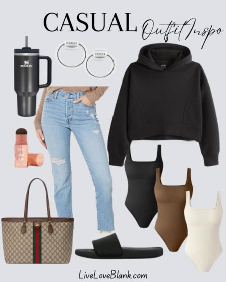 Casual outfit idea 
Distressed Amazon jeans
Amazon bodysuits
Gucci tote 
Stanley 
Big ego hair powder save with code KIM
Abercrombie sweatshirt
Gucci earrings  
#ltku

#LTKstyletip #LTKSeasonal #LTKover40