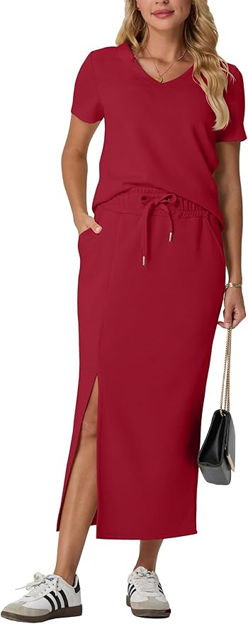 GRECERELLE Women Summer Casual 2 Piece Sets V-Neck Wrinkle-Free Top & Elastic Waist Midi Side Sli... | Amazon (US)