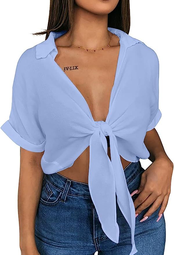 GOBLES Womens Summer Short Sleeve Shirts V Neck Tie Knot Batwing Blouses Tops | Amazon (US)
