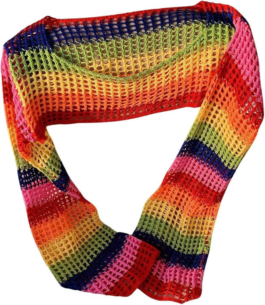 SHENHE Women's Crochet Hollow Out Rainbow Striped Color Block Sheer Super Cropped Sweater | Amazon (US)