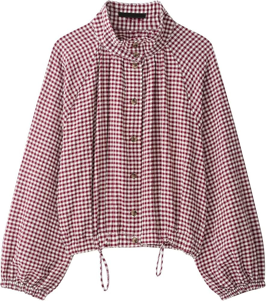 Women's Gingham Jacket Drawstring Button Down Stand Collar Coat | Amazon (US)