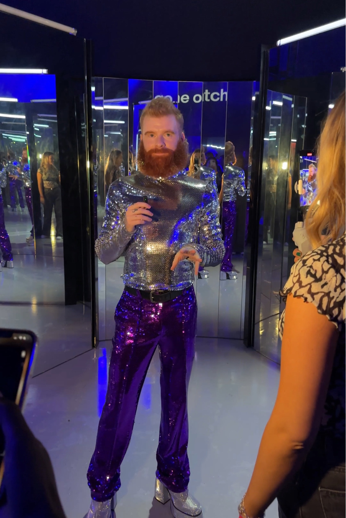 Sequin long sleeve top, purple sequin flared trousers, platform heeled boots, H&M x Rabanne

#LTKstyletip #LTKSeasonal #LTKeurope