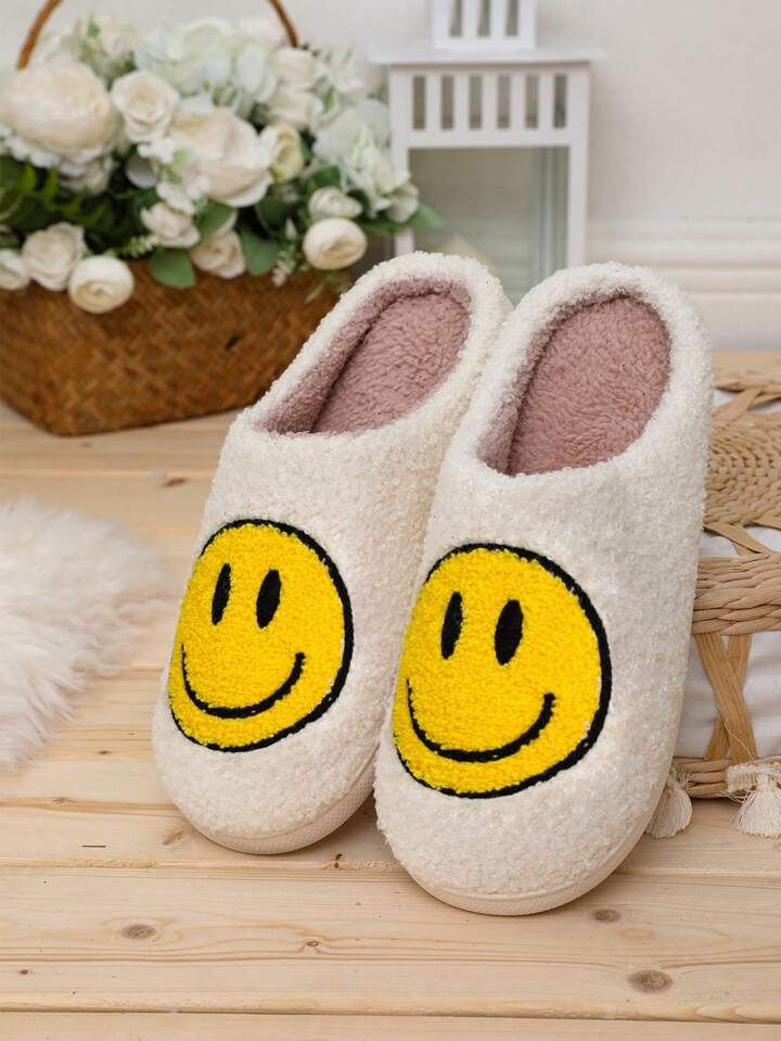 Women Korean Version Cute Cartoon Smiling Face Fabric Slippers With Thickened Sole, Durable, Warm... | SHEIN