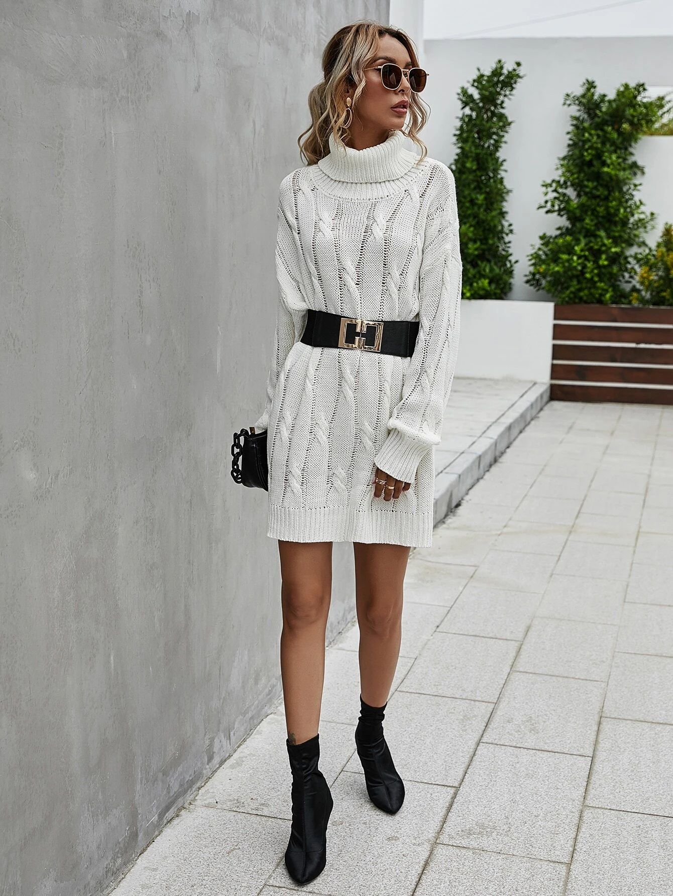 Turtleneck Cable Knit Sweater Dress Without Belt | SHEIN