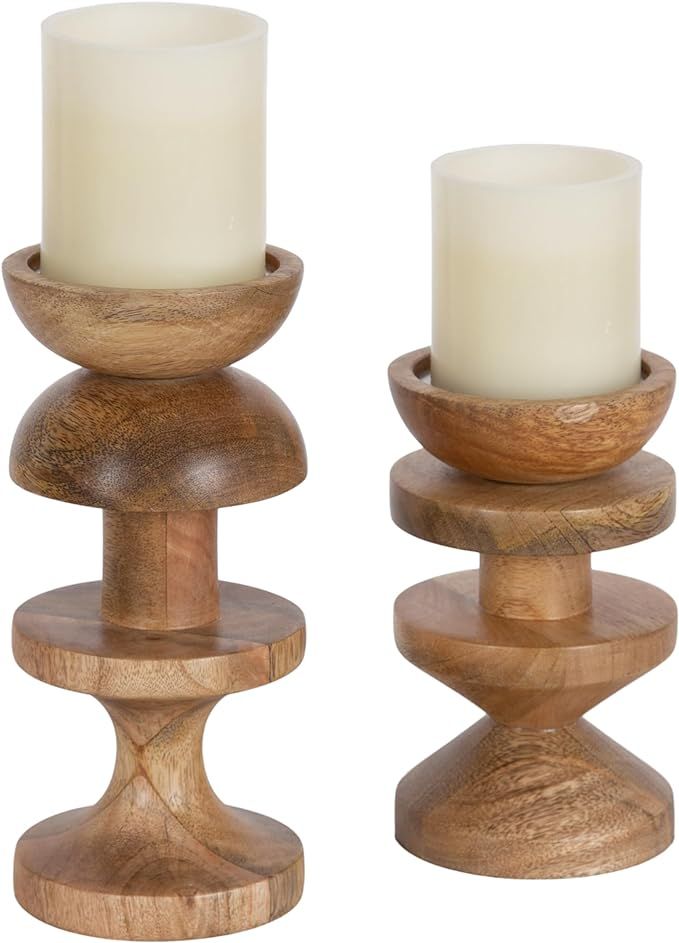 Kate and Laurel Mazari Modern Two-Piece Candle Holder Set, 4 x 4 x 9, Natural Brown, Contemporary... | Amazon (US)