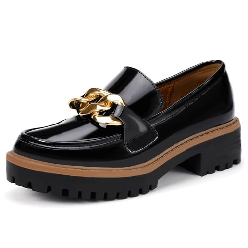 IDIFU Black Platform Loafers for Women Dressy with Metal Chain Slip On Chunky Block Lug Sole Heeled Penny Loafers Trendy Round Toe Oxfords Dress Shoes Work Uniform Loafers Shoes(Black Patent, 7) | Amazon (US)