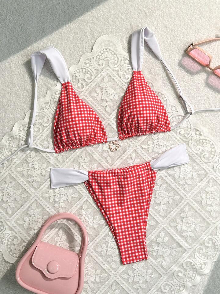 SHEIN Swim Mod Women Plaid Print Sexy Bikini Set With Two-Piece Swimsuit For Vacation (Print Rand... | SHEIN