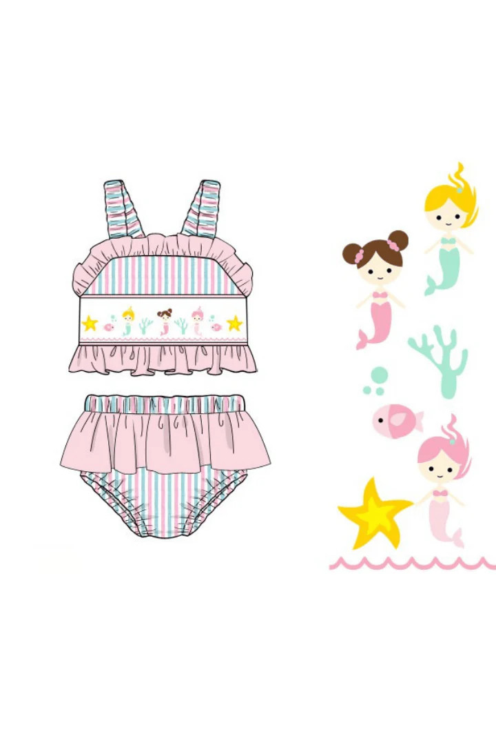 Pre-Order Smocked Mermaid Pink and Mint Seersucker 2 pc Swimsuit | The Smocked Flamingo