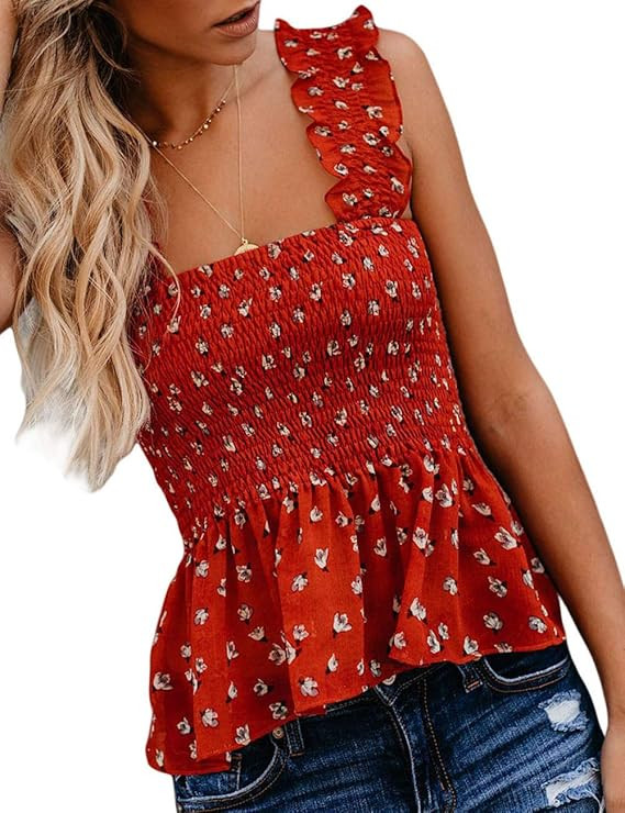 CILKOO Womens Frill Smocked Crop Tank Top Tie Shoulder Strap Vest Tanks Tops Blouse T Shirts(S-XX... | Amazon (US)