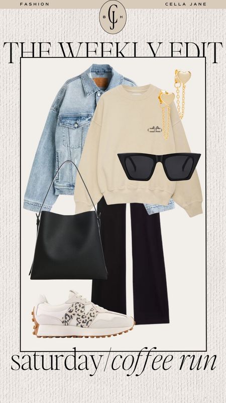 Cella Jane blog weekly edit outfit inspiration. Style inspiration. Saturday coffee run. Casual style. Denim jacket, sweatshirt, leggings, sneakers, tote  

#LTKstyletip