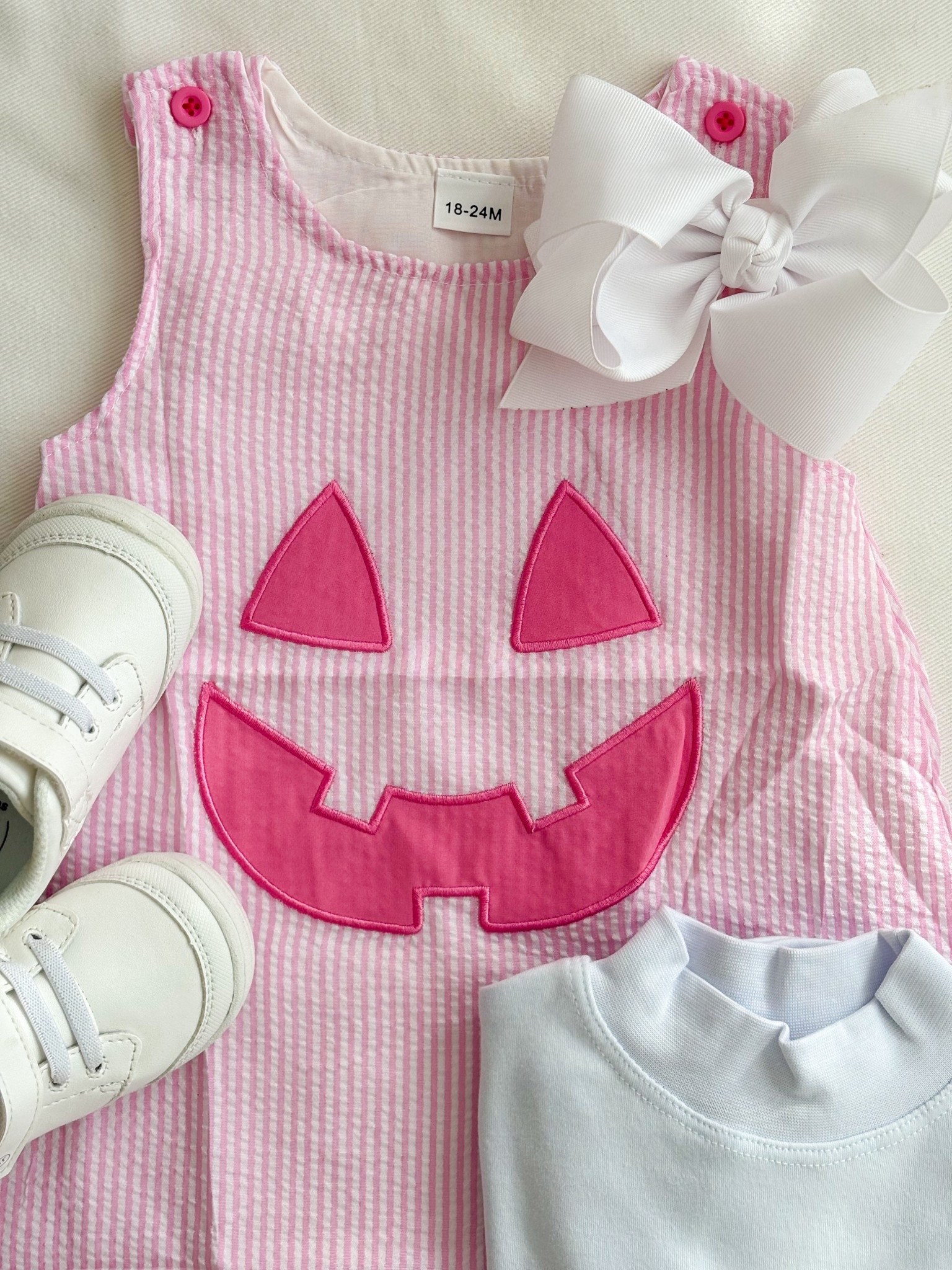 Adorable pink striped pumpkin dress with sneakers and white turtleneck and bow! Perfect for dress up day at school! 

#LTKBaby #LTKKids #LTKSeasonal