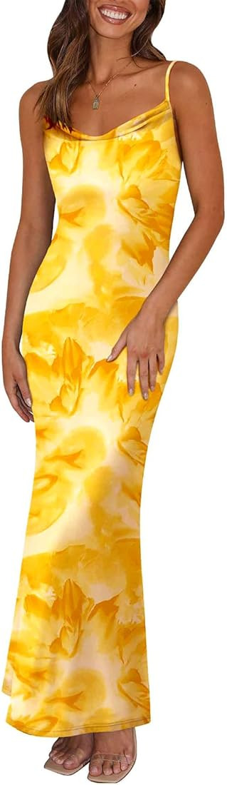 PRETTYGARDEN Women's 2025 Summer Floral Spaghetti Strap Maxi Dress Stretch Sexy Bodycon Dress Bac... | Amazon (US)