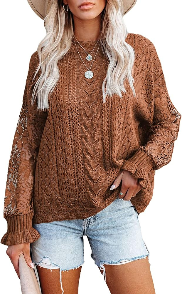 AlvaQ Women Lace Crochet Long Sleeve Crewneck Sweaters Winter Knit Pullover Jumper Tops | Amazon (US)