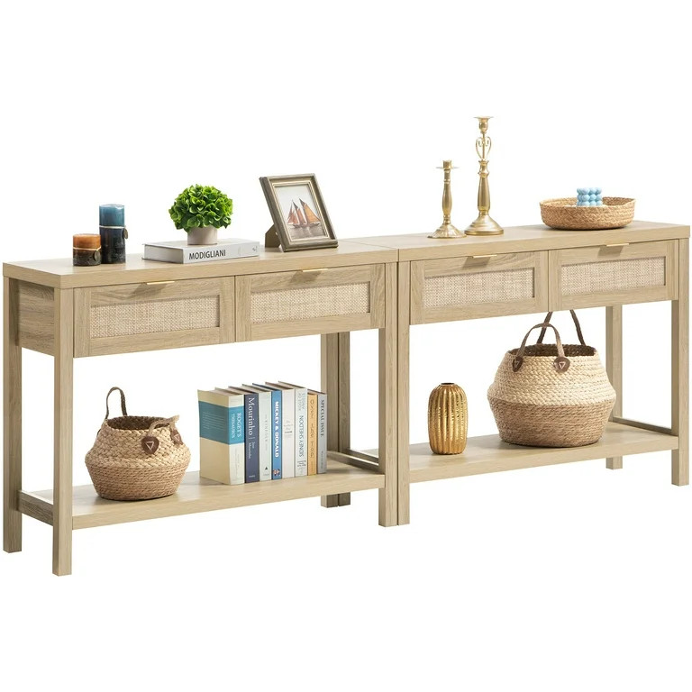 Surmoby Rattan Console Table with 2 Drawers,Boho Wood Entryway Table Hallway Table with Open Stor... | Walmart (US)