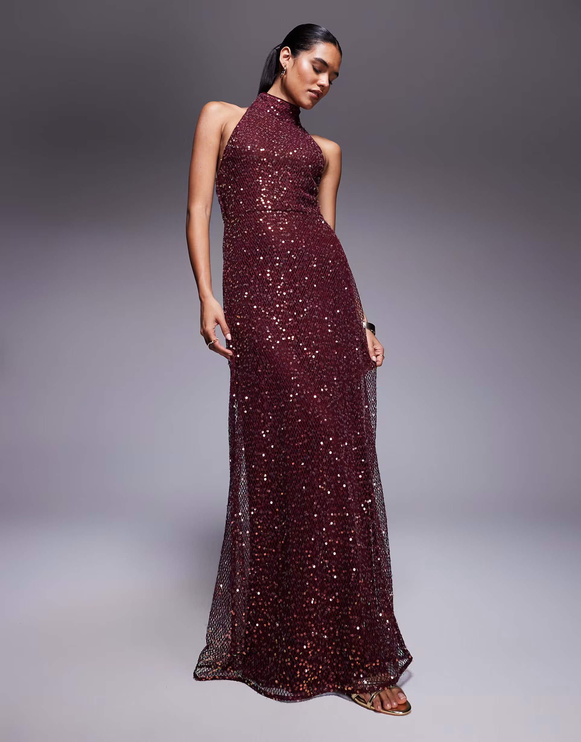 ASOS DESIGN embellished halterneck maxi dress in burgundy | ASOS (Global)
