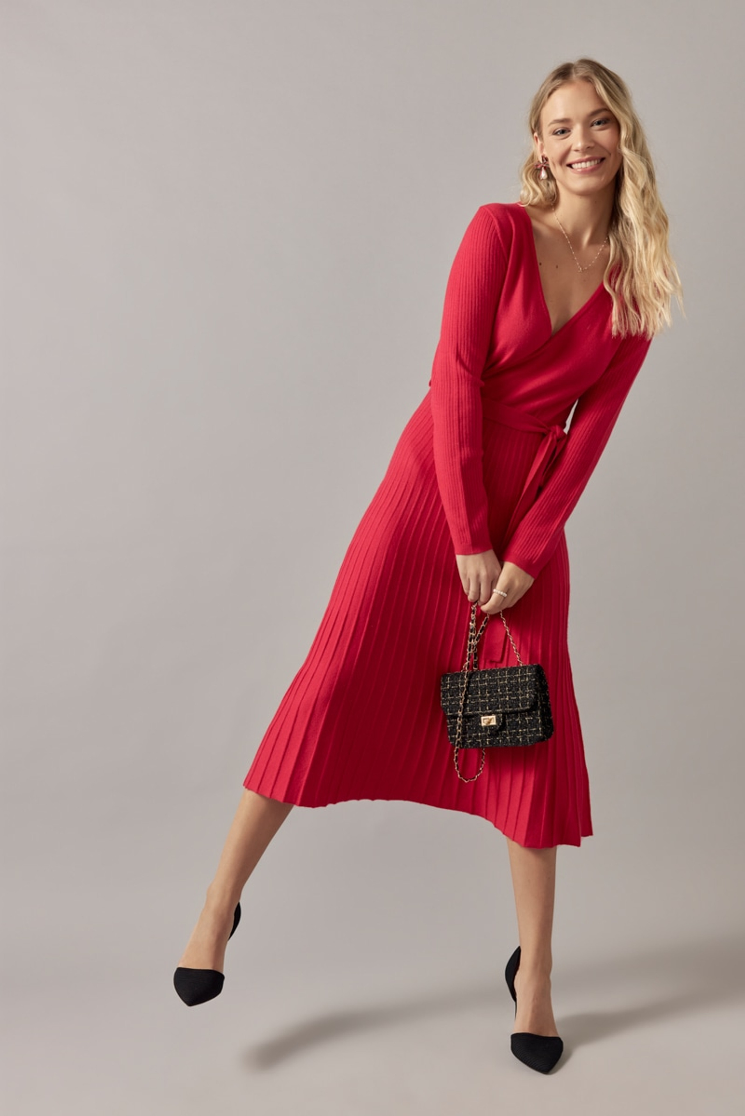 Eleanor Tie Waist Wrap Sweater Midi Dress Red | Francesca's