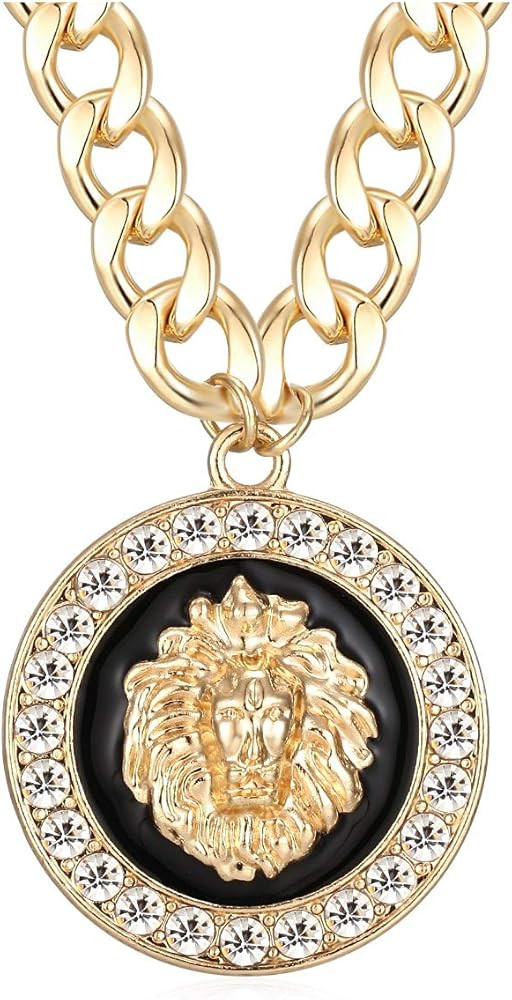 Women's Basketball Wives Style Gold-Plated Lion Head Pedant Necklace Hip Hop Statement Chunky Cha... | Amazon (US)