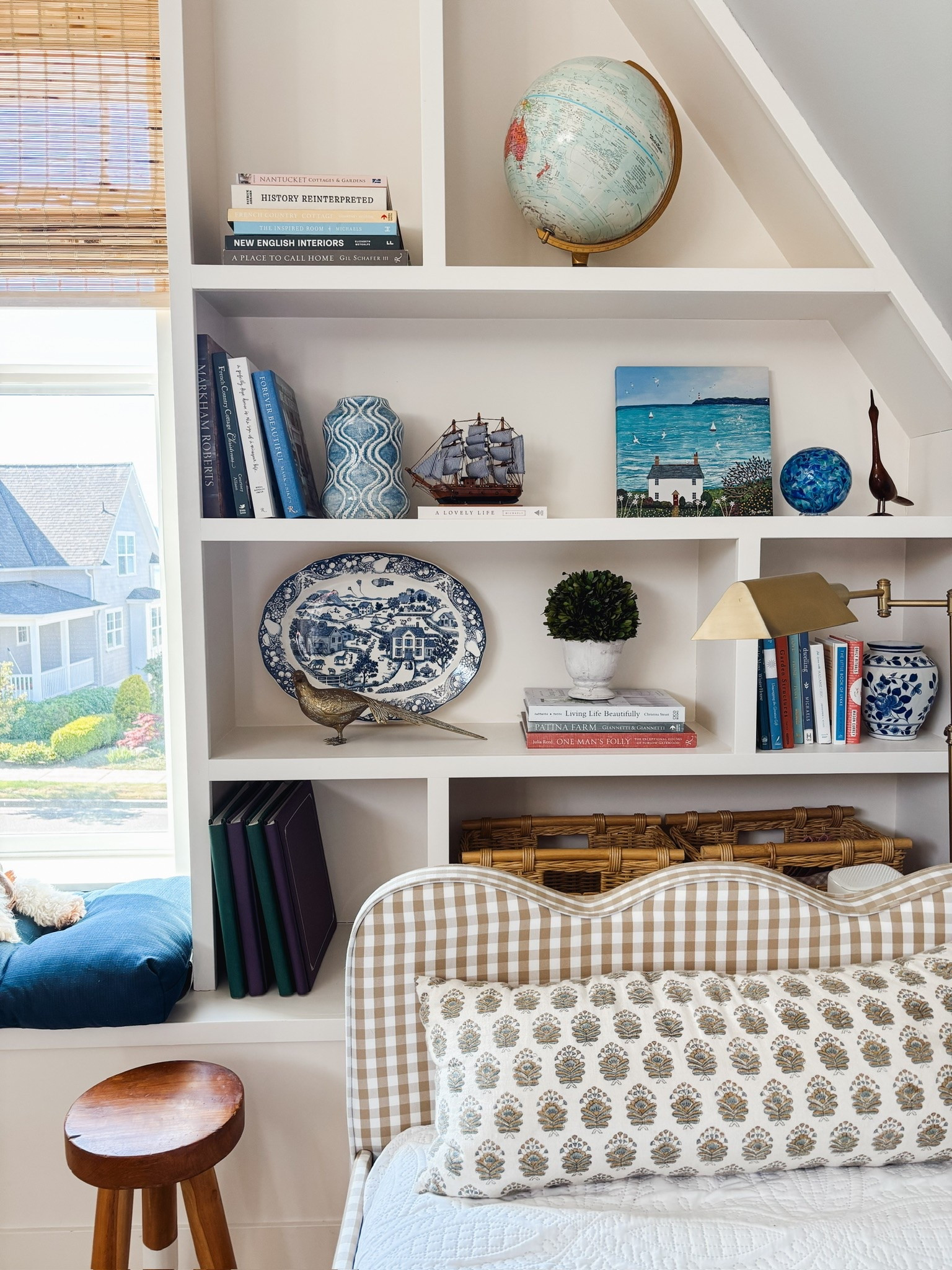 Progress in the snug - scalloped gingham daybed with trundle, brass floor lamp, coastal canvas seascape art, dip dyed wood stool

#LTKSaleAlert #LTKHome #LTKSeasonal