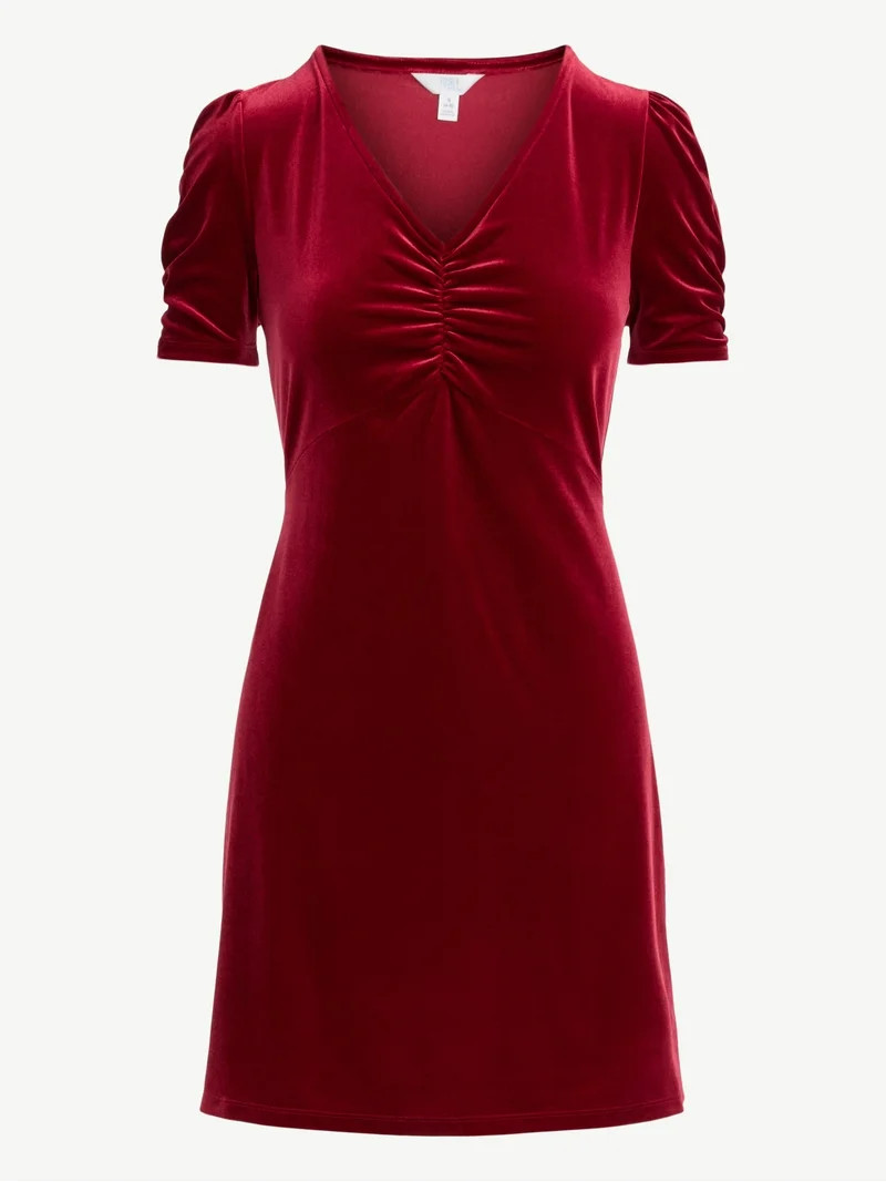 Time and Tru Women's Velvet Mini Dress with Puff Sleeves, Sizes XS-XXXL | Walmart (US)