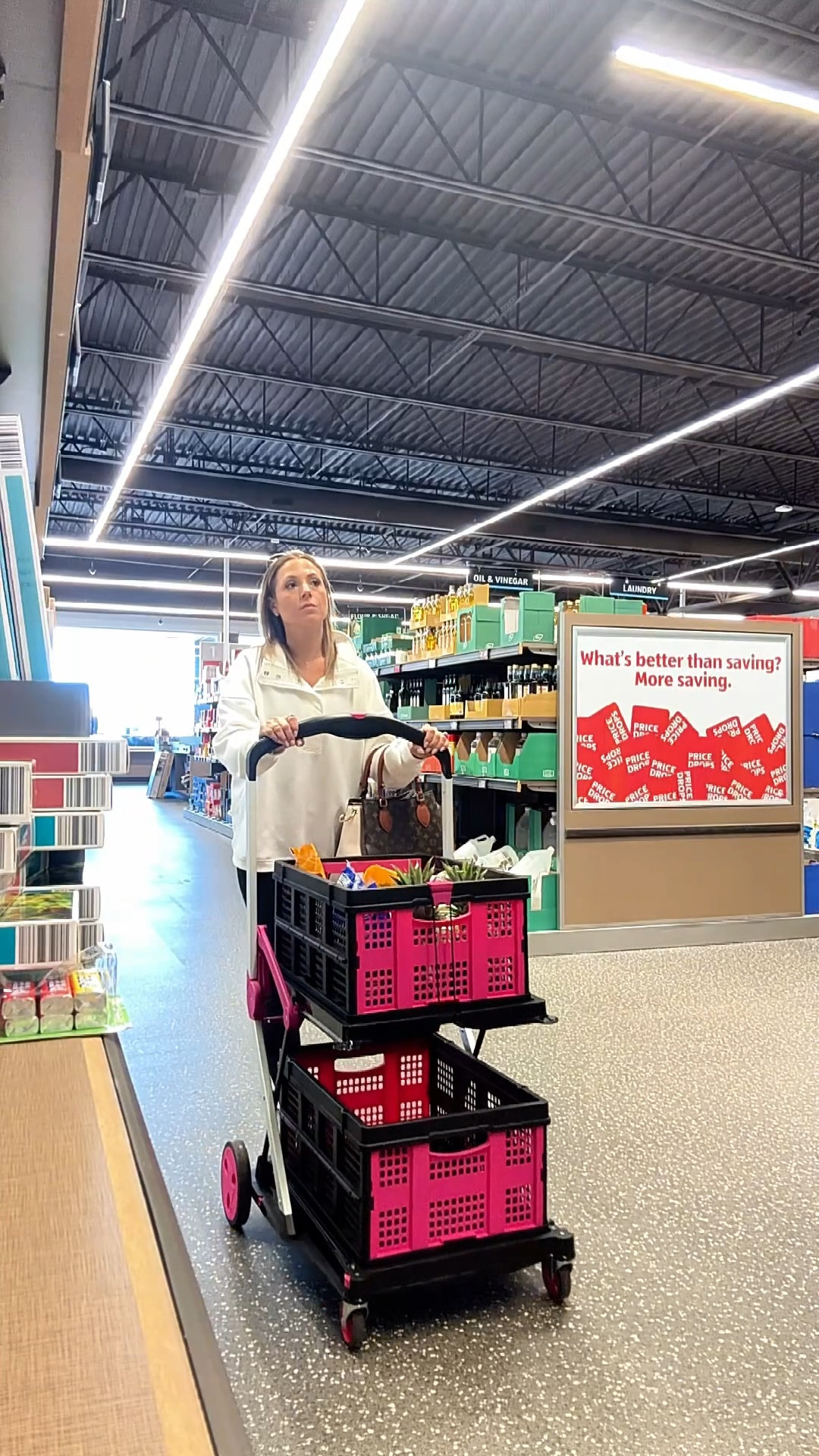 I started bringing this collapsible grocery cart with wheels and it has completely changed the way I shop.

Everything goes straight into the basket while I walk the aisles. When I get to checkout, I simply scan the items and place them back into the cart instead of bagging everything. It saves so much time and makes grocery shopping way less stressful.

This foldable shopping cart is lightweight, easy to set up, and holds up to 200 pounds. The 360° swivel wheels make it easy to push around the store, and the wheel brake keeps it from rolling while you’re grabbing items. There’s also a bottom rack for heavier groceries like drinks or bulk items.

• #TikTokMadeMeBuyIt
• #AmazonFinds
• #LifeHacksForWomen
• #GroceryShoppingHack
• #Over40Lifestyle