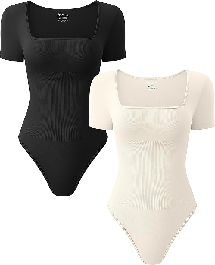 OQQ Women's 2 Piece Bodysuits Sexy Ribbed One Piece Square Neck Short Sleeve Bodysuits | Amazon (US)