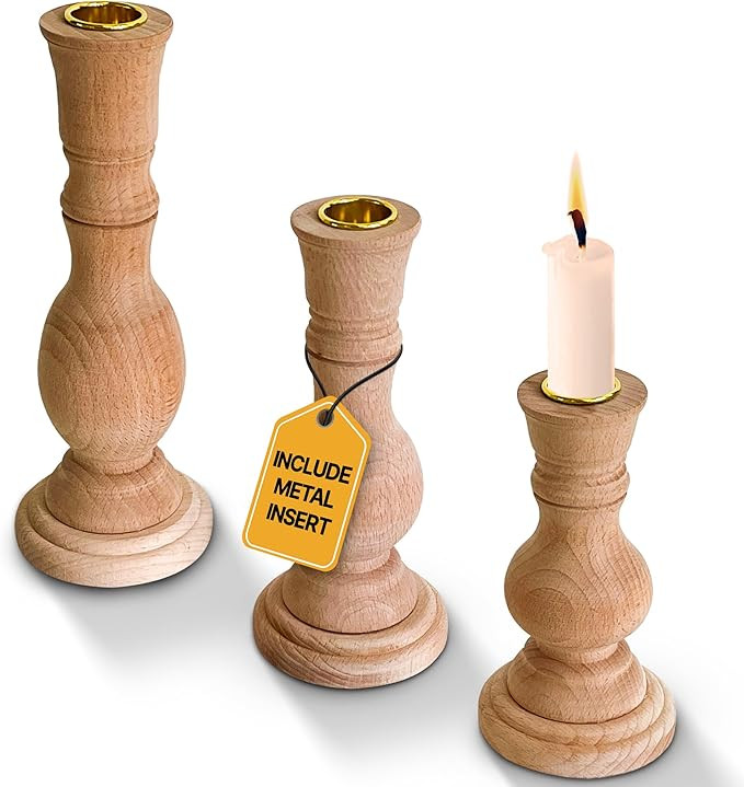 Beech Wood Candle Holders for Tapered Candles -3 PC- Living Room Candlestick Holder-Natural Wood ... | Amazon (US)