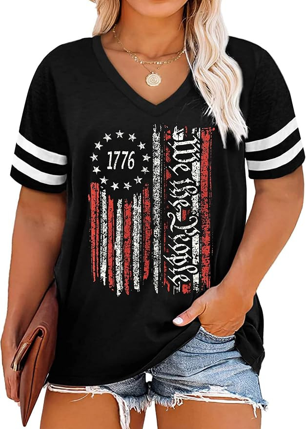 Plus Size Tops American Flag Shirts Womens V Neck Patriotic Tshirt USA Graphic Tee 4th of July T-... | Amazon (US)