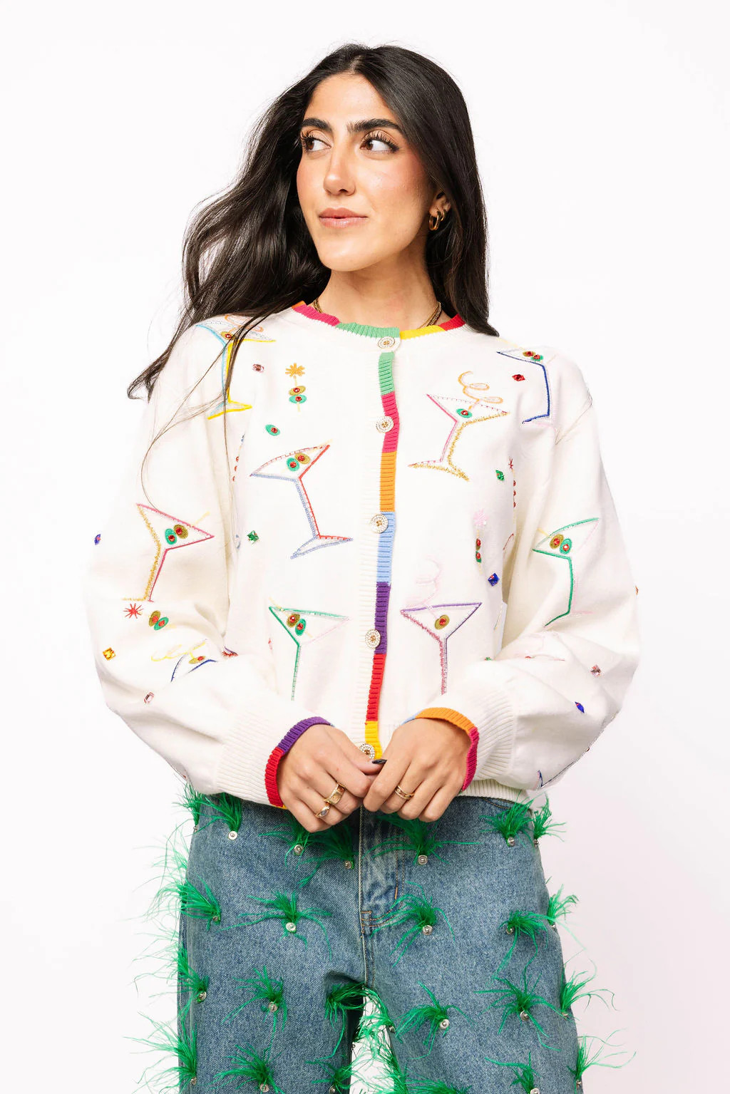 White Multi Cosmo & Martini Button Up Cardigan With Rainbow Trim | Queen of Sparkles