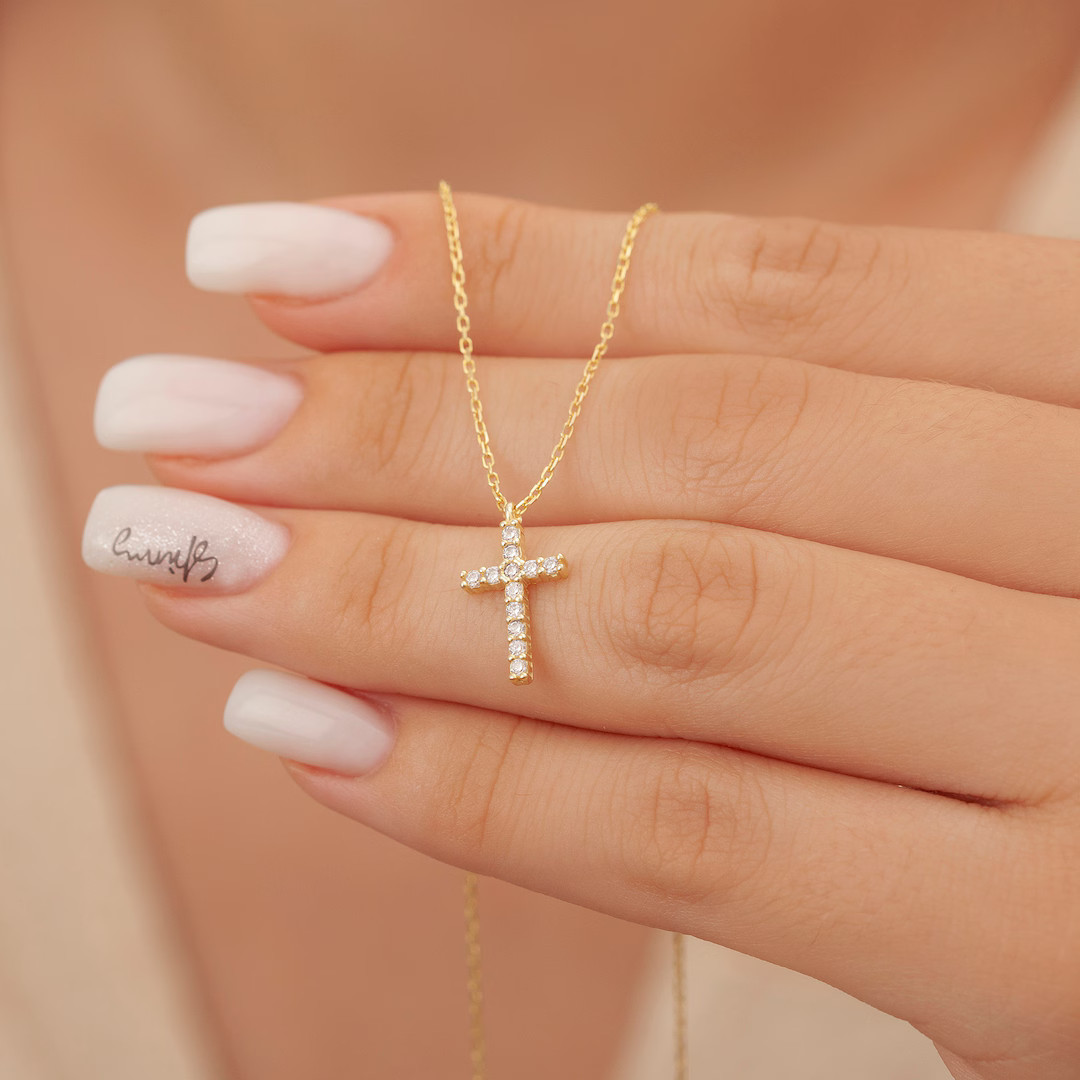 14k Gold Diamond Necklace Dainty Diamond Cross Pendant - Etsy | Etsy (US)