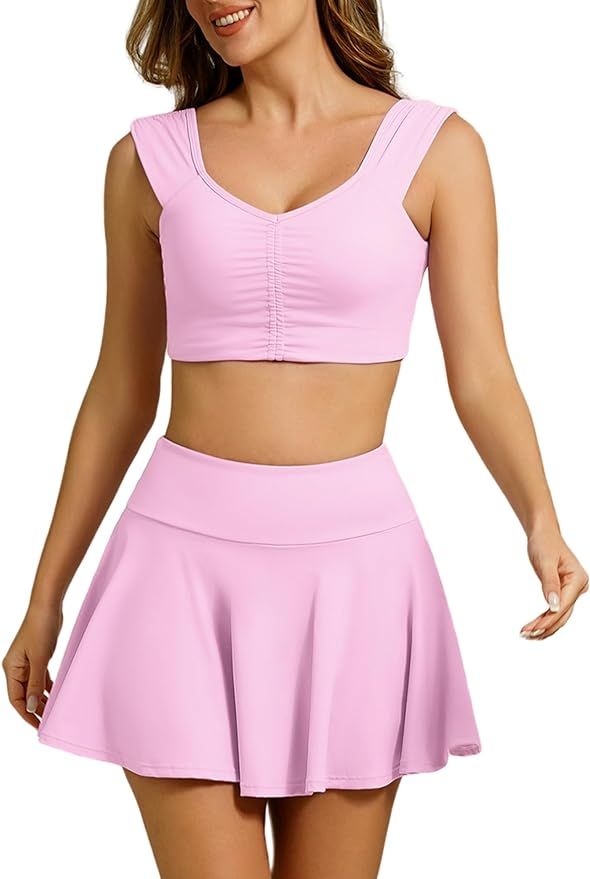 ABOCIW 2 Piece Tennis Dress for Women Pleated Tennis Skirt Sleeveless Racerback Padded Crop Top G... | Amazon (US)