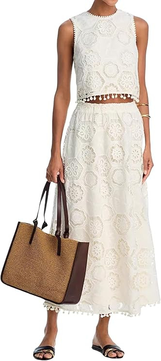 Women's Embroidered Sleeveless Lace Two Piece Sets Loose Casual Top Maxi Skirt Set Stylish Vacati... | Amazon (US)