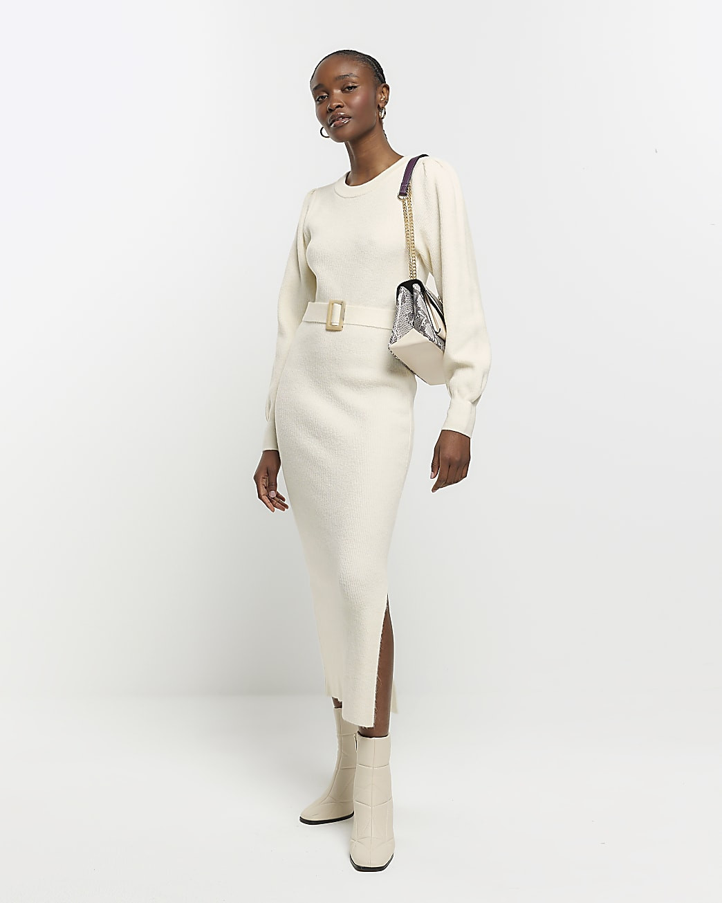 Cream knitted belted jumper midi dress | River Island (UK & IE)