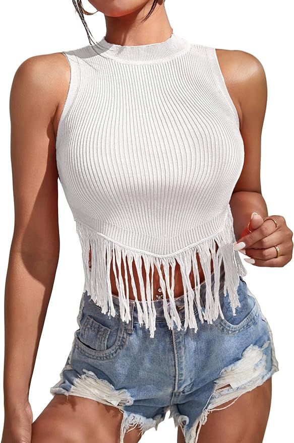 GORGLITTER Women's Fringe Trim Tank Top Mock Neck Ribbed Knit Solid Crop Tops | Amazon (US)
