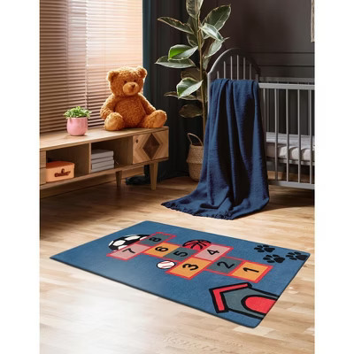 Unique Loom Playtime Kids Wool Collection Area Rug - Hopscotch (5' 1" x 8' Rectangle Blue and Orange/Black) | Target