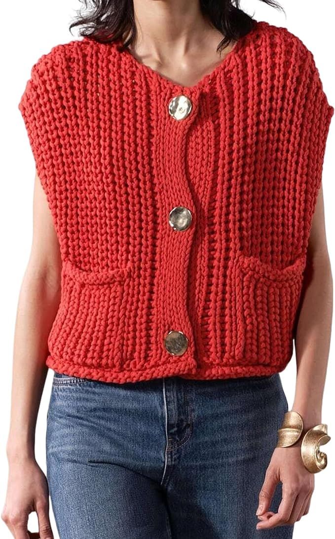 Women's Fashionable Sleeveless Short Knitted Sweater Vest Button Cardigan With Pockets | Amazon (US)