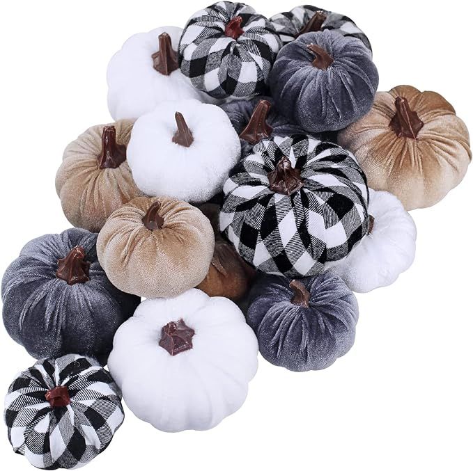 16 Pcs Assorted Faux Small Decorative Fabric Pumpkins Foam Grey Pumpkins Taupe White Velvet Pumpk... | Amazon (US)