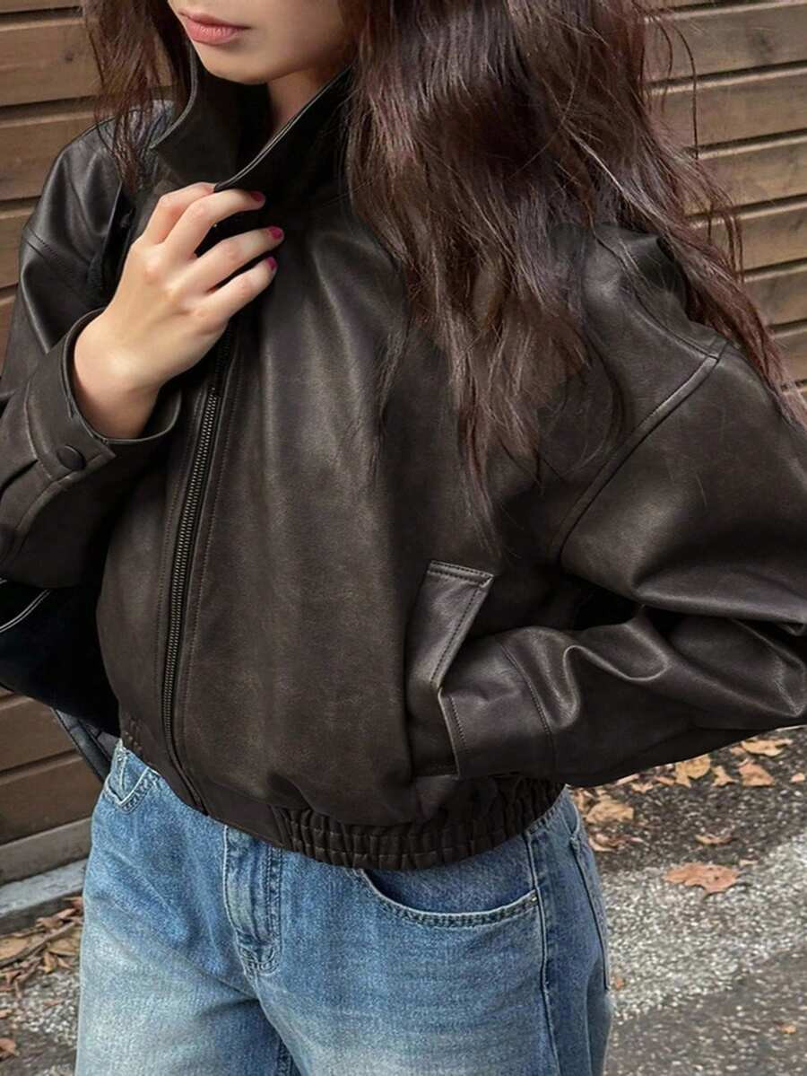 Dazy Plus Spring/Autumn New Vintage Leather Jacket, Short Style, Regular Fit, Plus Size, Suitable... | SHEIN