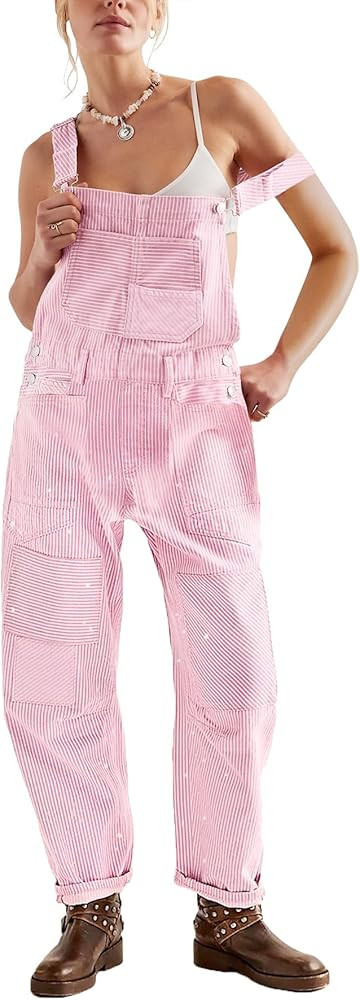 Kedera Women's Jean Overalls Loose Fit Adjustable Strap Striped Denim Jumpsuits Barrel Wide Leg B... | Amazon (US)