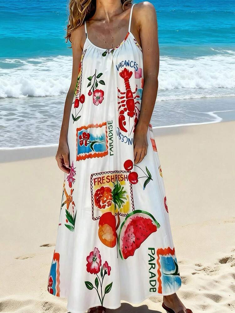 Vaclyn Women's Casual Floral & Lobster Print Maxi Slip Dress For Vacation | SHEIN