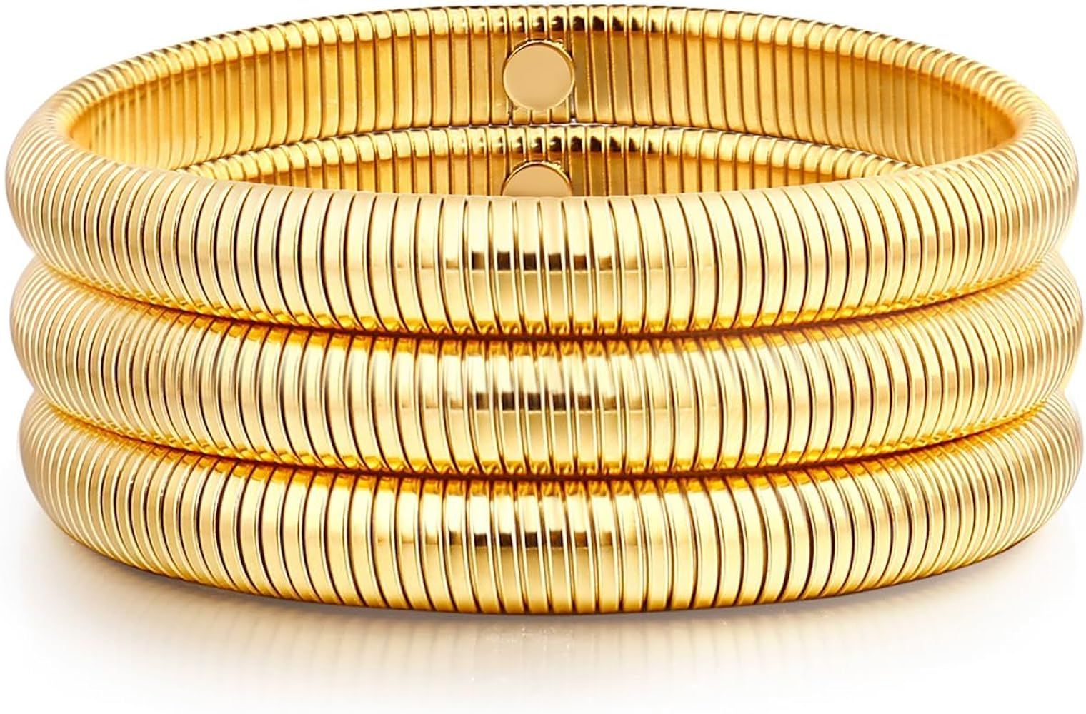 Gold Bangle multi-layer Bracelets for Women Stretchy Stainless steel Link Chain Flexible Wide Wri... | Amazon (US)