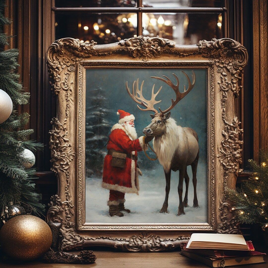 Santa Reindeer Christmas Wall Art Decor Poster Print - Etsy | Etsy (US)